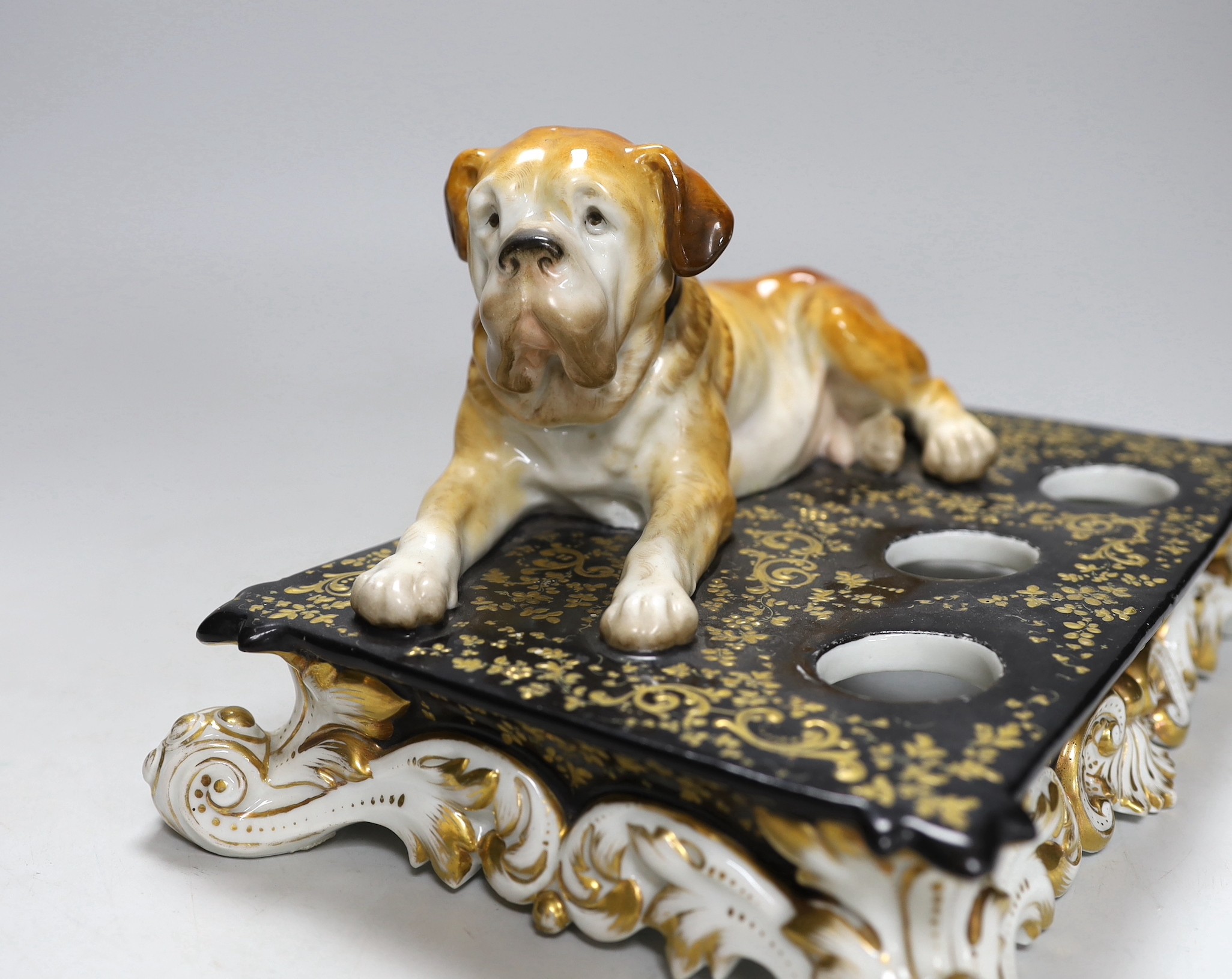 A Jacob Petit St. Bernard inkstand and a signed painted plaque, inkstand 27cm wide